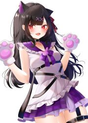 Rule 34 | 1girl, animal ears, animal hands, belt, black belt, black hair, blush, cat ears, cat girl, dress, eyeshadow, frilled sailor collar, frills, gloves, hair ornament, highres, indie virtual youtuber, makeup, ohagetty, open mouth, paw gloves, purple sailor collar, red eyes, red eyeshadow, sailor collar, simple background, solo, thigh strap, usatama amyu, white background, white dress, x hair ornament