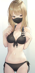 1girl bare_arms bare_shoulders bikini black_bikini blonde_hair blush breasts cleavage collarbone cowboy_shot duplicate front-tie_bikini_top front-tie_top gradient_background halterneck hands_up highres long_hair looking_at_viewer masco mask medium_breasts mouth_mask nail_polish navel original pink_nails side-tie_bikini_bottom solo standing stomach swimsuit thighs yellow_eyes