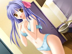 Rule 34 | 1girl, blue bra, blue hair, blue panties, blush, bow, bow panties, bra, cowboy shot, door, dutch angle, embarrassed, from side, game cg, hair bow, hair intakes, half updo, indoors, lace, lace-trimmed panties, lace trim, lingerie, long hair, masaharu, navel, open bra, panties, pink bow, reflection, shirase ui, solo, standing, ui-chan no niizuma diary, underwear, underwear only, undressing, wooden floor, yellow eyes