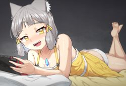 Rule 34 | 1girl, :d, alten, animal ear fluff, animal ears, ass, barefoot, bed, butt crack, cat ears, cat girl, chest jewel, collarbone, feet, feet up, full body, grey hair, handheld game console, highres, holding, holding handheld game console, lying, nia (fancy sundress) (xenoblade), nia (xenoblade), nightgown, nintendo switch, on stomach, open mouth, panties, pillow, short hair, smile, soles, solo, the pose, toes, underwear, white panties, xenoblade chronicles (series), xenoblade chronicles 2, yellow eyes