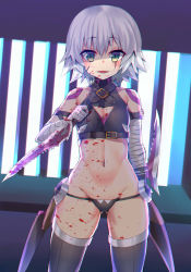 Rule 34 | 1girl, backlighting, bandaged arm, bandages, bare shoulders, black panties, black thighhighs, blood, blood on face, blood splatter, blush, buckle, chromatic aberration, cleavage cutout, clothing cutout, cowboy shot, crop top, dagger, dual wielding, fate/apocrypha, fate (series), flat chest, gluteal fold, google (asdek18), green eyes, groin, highres, holding, holding weapon, jack the ripper (fate/apocrypha), knife, legs apart, looking at viewer, lowleg, lowleg panties, navel, panties, reverse grip, scar, scar across eye, scar on face, short hair, shoulder tattoo, silver hair, sleeveless, solo, standing, stomach, tattoo, thighhighs, underwear, weapon