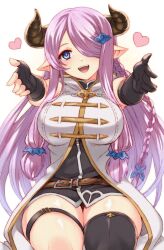 Rule 34 | 1girl, asymmetrical gloves, blue eyes, braid, breasts, demon horns, draph, ekra, gloves, granblue fantasy, hair ornament, hair over one eye, heart, horns, large breasts, long hair, looking at viewer, narmaya (granblue fantasy), outstretched arms, pink hair, pointy ears, single braid, single thighhigh, solo, thigh strap, thighhighs, uneven gloves
