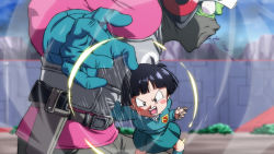 Rule 34 | 1boy, 1girl, armor, battle, black hair, blood, blush stickers, child, colored blood, constricted pupils, dragon ball, dragon ball (classic), dragon ball super, dragon ball super super hero, gun, helmet, kindergarten uniform, mask, open mouth, pan (dragon ball), piccolo, punching, purple blood, rom (20), scene reference, short hair, violence, weapon
