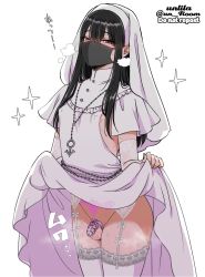 Rule 34 | 1boy, black hair, bride, chastity cage, clothes lift, crossdressing, dress, dress lift, flaccid, garter straps, half-closed eyes, heart, highres, jewelry, lifted by self, long hair, looking at viewer, male bride, male focus, mask, nagano rira, original, penis, red eyes, simple background, solo, sweat, testicles, thighhighs, trap, white background, white thighhighs