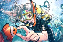 Rule 34 | 1girl, 2022, bodysuit, braid, braided ponytail, bubble, clownfish, diving mask, diving suit, fish, goggles, grey hair, hayosena, highres, long hair, original, red eyes, scuba gear, scuba tank, single braid, snorkel, snorkel in mouth, solo, tropical fish, underwater, water, wetsuit