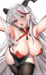 Rule 34 | 1girl, aegir (azur lane), aegir (golden dragon among auspicious clouds) (azur lane), armpits, azur lane, black horns, black thighhighs, breasts, china dress, chinese clothes, cleavage, covered erect nipples, cowboy shot, criss-cross halter, demon horns, dress, halterneck, highres, horns, jiangshuai mengenze, lace, lace-trimmed thighhighs, large breasts, leaning forward, long hair, looking at viewer, multicolored hair, official alternate costume, outstretched arms, pelvic curtain, red hair, sideless outfit, streaked hair, thighhighs, tongue, white background