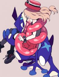 Rule 34 | 10s, 1girl, amezawa koma, bare shoulders, black thighhighs, blue eyes, blush, bound, bracelet, brown hair, carrying, creatures (company), game freak, gen 6 pokemon, greninja, hat, jewelry, long hair, nintendo, open mouth, pleated skirt, pokemon, pokemon (creature), pokemon xy, princess carry, red eyes, serena (pokemon), shoes, skirt, sleeveless, sneakers, sunglasses, thighhighs, tied up (nonsexual), tongue
