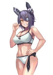 Rule 34 | 1girl, bare arms, bare shoulders, bra, breasts, cleavage, cowboy shot, eyepatch, fumikiri, grin, hair between eyes, hand up, headgear, kantai collection, large breasts, looking at viewer, medium hair, navel, one eye covered, panties, pointing, pointing at self, purple hair, simple background, smile, solo, tenryuu (kancolle), toned, underwear, white background, white bra, white panties, yellow eyes