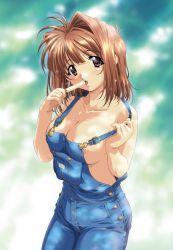 Rule 34 | 1girl, bandaid, bandaids on nipples, breasts, brown hair, cleavage, food, kawai rie, large breasts, lovers (game), messy, naked overalls, open mouth, outdoors, overalls, pasties, popsicle, red eyes, sexually suggestive, short hair, sideboob, solo, strap slip, taki minashika