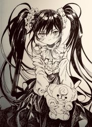 Rule 34 | 1girl, amezawa koma, ballpoint pen (medium), blush, commission, dress, flower, gothic lolita, greyscale, hair flower, hair ornament, highres, holding, holding stuffed toy, lolita fashion, long hair, long sleeves, looking at viewer, monochrome, original, pen, photo (medium), pout, skeb commission, stuffed animal, stuffed toy, teddy bear, traditional media, twintails, two-tone dress, very long hair