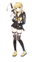 Rule 34 | 1girl, black jacket, black thighhighs, blonde hair, closed mouth, closers, fingerless gloves, full body, gloves, highres, holding, holding sword, holding weapon, jacket, katana, long hair, long sleeves, looking at viewer, low twintails, lucy (closers), nail polish, non-web source, official art, shirt, shoes, short shorts, shorts, smile, sneakers, solo, sword, tassel, thighhighs, thighs, turtleneck, twintails, undershirt, weapon, white gloves, white shirt, white shorts, yellow eyes, yellow footwear