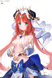 Rule 34 | 1girl, aqua eyes, arabian clothes, bare shoulders, blue bow, blue gemstone, bow, breasts, brooch, circlet, closed mouth, commentary request, crop top, detached sleeves, gem, genshin impact, gold trim, highres, horns, jewelry, long hair, long sleeves, looking at viewer, low twintails, luma li, medium breasts, nail polish, navel, neck ring, nilou (genshin impact), parted bangs, pixiv id, puffy long sleeves, puffy sleeves, red hair, revealing clothes, revision, signature, simple background, skirt, smile, solo, stomach, twintails, vambraces, veil, vision (genshin impact), white background
