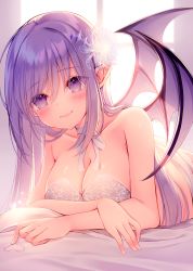 Rule 34 | 1girl, absurdres, backlighting, bad id, bad pixiv id, bare shoulders, blush, breasts, choker, cleavage, closed mouth, collarbone, commentary request, demon girl, demon wings, flower, hair flower, hair ornament, heart, highres, indoors, kuro namako, large breasts, long hair, looking at viewer, lying, on stomach, original, pointy ears, purple eyes, purple hair, ribbon, ribbon choker, smile, solo, white ribbon, window, wings
