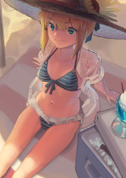 Rule 34 | 1girl, alternate costume, artoria pendragon (all), artoria pendragon (fate), bikini, blonde hair, boa (brianoa), breasts, collared shirt, cooler, cowboy shot, drink, fate/stay night, fate (series), frilled bikini, frills, front-tie top, green eyes, halterneck, hat, highres, ice, ice cube, long hair, navel, open clothes, open shirt, saber (fate), shade, shirt, sidelocks, sitting, small breasts, smile, solo, straw hat, striped bikini, striped clothes, sun hat, swimsuit