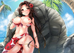 Rule 34 | 10s, 1girl, abs, beach, bikini, blue sky, blush, boulder, breasts, breasts out, brown eyes, brown hair, cleavage, cloud, cloudy sky, day, floral print, flower, front-tie top, hair flower, hair intakes, hair ornament, jintsuu (kancolle), kantai collection, large breasts, long hair, looking at viewer, navel, nipples, ocean, outdoors, palm tree, public indecency, public nudity, puffy nipples, rock, sarong, sasakuma kyouta, sky, smile, solo focus, string pull, suggestive fluid, swimsuit, tree