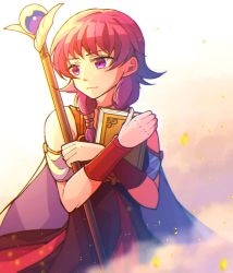 Rule 34 | 1girl, book, cape, closed mouth, commentary, fire emblem, fire emblem: the sacred stones, holding, holding book, holding staff, hzk (ice17moon), jewelry, looking to the side, lute (fire emblem), necklace, nintendo, purple eyes, purple hair, sleeveless, solo, staff