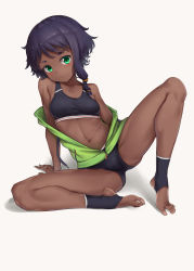 Rule 34 | 1girl, absurdres, alice gear aegis, aomoro, arm support, bare legs, barefoot, black shorts, blush, breasts, closed mouth, dark-skinned female, dark skin, full body, green eyes, green jacket, highres, jacket, looking at viewer, medium breasts, midriff, navel, off shoulder, shanti rana, shorts, simple background, sitting, solo, sports bra, spread toes, stirrup legwear, toeless legwear, toes, white background