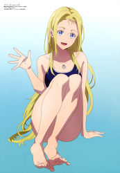 Rule 34 | absurdres, arm support, bare arms, bare legs, barefoot, black one-piece swimsuit, blonde hair, blue eyes, blue one-piece swimsuit, collarbone, full body, gradient background, highres, jewelry, kofune ushio, long hair, megami magazine, necklace, official art, one-piece swimsuit, open mouth, parted bangs, scan, school swimsuit, shell, shell necklace, simple background, sitting, smile, summertime render, swimsuit, toes, waving