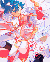 Rule 34 | 2boys, absurdres, aiming, angel wings, animal ears, arrow (projectile), blue eyes, blue hair, boots, bow (weapon), brown footwear, coat, commentary, constellor, dark-skinned male, dark skin, english commentary, eyes visible through hair, frown, gloves, heart, heart arrow, highres, karo valentine, male focus, multiple boys, original, orion starlor, pants, pink coat, purple eyes, purple hair, rabbit boy, rabbit ears, rabbit tail, smile, sweater, tail, tongue, tongue out, turtleneck, turtleneck sweater, twitter username, weapon, white gloves, white pants, wings