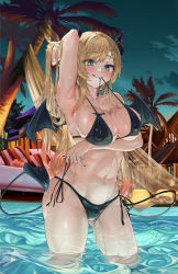 Rule 34 | 1girl, :q, absurdres, arm up, armpits, bikini, black bikini, black nails, blonde hair, blush, breasts, cleavage, cowboy shot, demon horns, demon tail, demon wings, green eyes, halterneck, hand in own hair, highres, hololive, horns, large breasts, long hair, looking at viewer, mouth hold, multicolored hair, nail polish, navel, night, night sky, palm tree, pink hair, pointy ears, pool, side-tie bikini bottom, sky, snarkhunt, solo, standing, star (sky), stomach, streaked hair, string bikini, swimsuit, tail, tongue, tongue out, tree, very long hair, virtual youtuber, wading, water, wet, wings, yuzuki choco, yuzuki choco (hololive summer 2019)