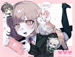 1girl 2boys :o ahoge black_shirt black_thighhighs blunt_bangs blush bow brown_hair brown_skirt chibi collared_shirt danganronpa_(series) danganronpa_2:_goodbye_despair diaper ear_bow english_text foot_up handheld_game_console heart highres hinata_hajime holding holding_handheld_game_console komaeda_nagito long_sleeves lying medium_hair miniskirt monomi_(danganronpa) multiple_boys nail_polish nanami_chiaki neck_ribbon on_stomach pink_eyes pink_ribbon ribbon ronpa_(wqm8x) shirt skirt speech_bubble thighhighs tongue two-tone_shirt white_background white_shirt