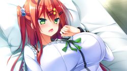 Rule 34 | 1girl, artist request, bed, blush, breasts, character request, game cg, green eyes, hanikami clover, large breasts, long hair, lying, on back, open mouth, pillow, red hair, side ponytail, solo, tagme