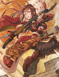 Rule 34 | 1girl, animal print, armor, arrow (projectile), boots, bow (weapon), breasts, brown hair, cape, cero320, gloves, green eyes, headband, highres, holding, holding bow (weapon), holding weapon, long hair, quiver, sheath, sheathed, solo, sword, tiger print, weapon
