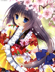 Rule 34 | 1girl, :d, absurdres, artist name, black hair, blue bow, blue eyes, blurry, blush, bow, cherry blossoms, depth of field, english text, floral print, folding fan, frilled sleeves, frills, hair bow, hand fan, highres, holding, holding fan, japanese clothes, kimono, layered clothes, layered kimono, long hair, nanaka mai, open mouth, original, petals, scan, sleeves past wrists, smile, solo, sparkle, wide sleeves