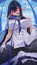 Rule 34 | 1girl, absurdres, ajisai (kyukurarin), bare shoulders, black hair, black pantyhose, blue archive, blue halo, blue heart, blue necktie, breasts, bulge, coat, collared dress, colored inner hair, commentary, dress, erection, erection under clothes, girl on top, glasses, gloves, half gloves, halo, heart, highres, large breasts, leash, licking lips, long hair, looking at viewer, lying, multicolored hair, necktie, off shoulder, open clothes, open coat, panties, panties under pantyhose, pantyhose, pantyshot, pointy ears, pov, rimless eyewear, rin (blue archive), sitting, sitting on person, sleeveless, sleeveless dress, spread legs, sweat, symbol-only commentary, tongue, tongue out, underwear, viewer holding leash, white coat, white dress, white gloves