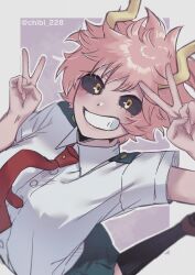 Rule 34 | 1girl, artist name, ashido mina, black sclera, black socks, boku no hero academia, brown footwear, chibi 228, collared shirt, colored sclera, commentary, commentary request, epaulettes, highres, horns, looking at viewer, necktie, pink hair, pleated skirt, red necktie, school uniform, shirt, shoes, short hair, short sleeves, simple background, skirt, socks, solo, teeth, u.a. school uniform, white shirt, yellow eyes