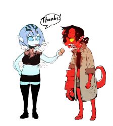 Rule 34 | 2girls, abraham sapien, black legwear, black shirt, black shorts, blue eyes, blue skin, broken horn, brown coat, brown shorts, cigar, coat, colored skin, crop top, english text, fins, genderswap, genderswap (mtf), hand on own hip, hellboy, hellboy (comic), highres, hooves, horns, long sleeves, monster girl, mouth hold, multiple girls, no pupils, open clothes, open coat, oversized forearms, oversized limbs, red skin, shirt, shorts, simple background, smile, smoke, smoking, ssambatea, tail, thank you, thighhighs, white background, yellow eyes
