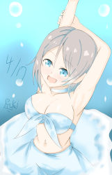 Rule 34 | 1girl, aqua choker, aqua skirt, arm over head, arm up, artist name, artist request, bare shoulders, blue eyes, blush, breasts, choker, cleavage, collarbone, female focus, grey hair, hands over head, highres, light brown hair, looking at viewer, love live!, love live! sunshine!!, medium breasts, parted lips, ryukai, short hair, skirt, smile, solo, watanabe you