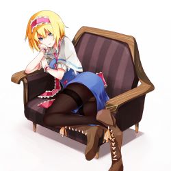 Rule 34 | 1girl, alice margatroid, arm support, bad id, bad pixiv id, black pantyhose, blonde hair, blue eyes, blush, boots, bored, brown pantyhose, chair, couch, cross-laced footwear, crotch seam, dress, female focus, hair ornament, hairband, head rest, lace-up boots, legs, lying, on side, open mouth, panties, panties under pantyhose, pantyhose, ribbon, shiroshi (denpa eshidan), shoe dangle, short hair, solo, striped, thighband pantyhose, touhou, underwear, wrist cuffs