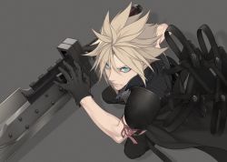 Rule 34 | 1boy, aqua eyes, armor, black gloves, blonde hair, closed mouth, cloud strife, eyes visible through hair, film grain, final fantasy, final fantasy vii, gloves, hair between eyes, holding, holding sword, holding weapon, kiki lala, male focus, pauldrons, pink ribbon, ribbon, scabbard, sheath, shoulder armor, solo, spiked hair, square enix, sword, turtleneck, unsheathed, weapon