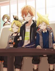 Rule 34 | 2boys, 2girls, absurdres, blonde hair, bow, brown eyes, brown hair, choker, closed eyes, collared shirt, couch, drooling, earrings, hair bow, hair ornament, hairclip, head on another&#039;s shoulder, headphones, highres, hood, hoodie, jewelry, kagamine len, kagamine rin, light particles, long sleeves, meiko (vocaloid), mouth drool, multiple boys, multiple girls, necklace, on couch, open mouth, orange hair, pants, ponytail, project sekai, shinonome akito, shirt, short hair, sitting, sleeping, smile, table, teneko02, vest, vivid bad squad (project sekai), window