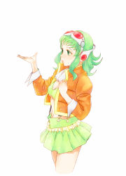 Rule 34 | 1girl, breasts, goggles, goggles on head, green eyes, green hair, gumi, gumi (v3 megpoid), highres, jacket, matching hair/eyes, official art, simple background, solo, suspenders, underboob, vocaloid, yuuki masami
