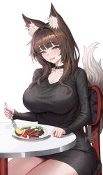 Rule 34 | 1girl, :d, absurdres, animal ear fluff, animal ears, black dress, black sweater, blunt bangs, blush, breasts, brown hair, chair, cleavage, collar, dalman, dress, food, fork, highres, holding, holding fork, impossible clothes, impossible dress, impossible sweater, large breasts, long hair, long sleeves, meat, open mouth, original, parted lips, simple background, sitting, smile, sweater, tail, white background, yellow eyes