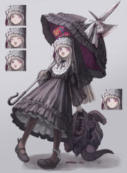 Rule 34 | 1girl, axe, black dress, black footwear, black ribbon, black umbrella, bleeding, blood, bloody weapon, blush, bow, broken horn, closed mouth, cross, dress, expressions, eyelashes, closed eyes, fangs, floral print, frilled dress, frills, grey background, grey hair, hand in mouth, highres, holding, holding axe, holding head, holding polearm, holding umbrella, holding weapon, horns, long eyelashes, long hair, long sleeves, monster, nun, open mouth, original, osobachan, over shoulder, parted lips, polearm, pout, purple eyes, ribbon, severed head, smile, solo, spear, stained glass, surprised, symbol-shaped pupils, teeth, umbrella, upper teeth only, weapon, weapon over shoulder, white bow, wide sleeves, x x