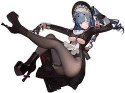 Rule 34 | 1girl, :p, azur lane, black footwear, black gloves, black pantyhose, blue hair, breasts, bridal garter, forked tongue, gloves, hair ornament, high heels, large breasts, leg up, long hair, long sleeves, looking at viewer, lying, maid, maid headdress, marco polo (azur lane), marco polo (the queen of hearts) (azur lane), nineo, official alternate costume, official art, on back, one eye closed, pantyhose, red eyes, thigh strap, thighs, tongue, tongue out, transparent background, underboob, wrist cuffs