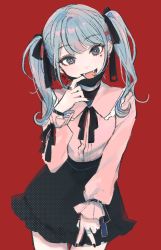 Rule 34 | 1girl, 43 pon, :d, black nails, black neckwear, black ribbon, black skirt, blouse, blue eyes, blue hair, breasts, bright pupils, clothing cutout, commentary request, cowboy shot, earrings, facial mark, fangs, frilled shirt collar, frills, hair ribbon, hand up, hatsune miku, head tilt, heart, heart cutout, highres, jewelry, leaning forward, light blue hair, light blush, long hair, long sleeves, mask, mask pull, mouth mask, nail polish, open mouth, original, pink shirt, puffy sleeves, red background, ribbon, shirt, silver hair, skirt, small breasts, smile, solo, twintails, unmoving pattern, v, vampire (vocaloid), vocaloid, white pupils