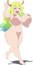 Rule 34 | 1girl, absurdres, blonde hair, blue hair, blush, bouncing breasts, breasts, casual nudity, chetrippo, curvy, dragon girl, dragon horns, closed eyes, feet, gradient hair, green hair, highres, horns, huge breasts, kobayashi-san chi no maidragon, long hair, multicolored hair, navel, nipples, nude, open mouth, pussy, lucoa (maidragon), smile, solo, stomach, thick thighs, thighs, transparent background, uncensored, underboob, walking, waving, wide hips