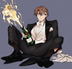 Rule 34 | 1boy, alcohol, arm support, artist name, black-framed eyewear, black jacket, black pants, bottle, bow, bowtie, brown hair, champagne, champagne bottle, closed mouth, coattails, collared shirt, commentary, cork, english commentary, formal, full body, glasses, grey background, highres, holding, holding bottle, honkai: star rail, honkai (series), jacket, looking at viewer, male focus, moruboru, multicolored hair, orange hair, pant suit, pants, sexually suggestive, shirt, simple background, sitting, solo, streaked hair, suit, suit jacket, traditional bowtie, tuxedo, unamused, vest, waistcoat, welt yang, white bow, white bowtie, white hair, white shirt, white vest