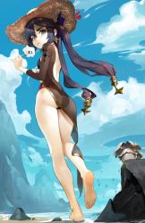 Rule 34 | 1girl, animal, aqua eyes, ass, backless swimsuit, barefoot, beach, bird, black hair, black one-piece swimsuit, blue sky, cloud, cloudy sky, day, earrings, food, full body, genshin impact, hair ornament, hat, highres, holding, holding food, jewelry, long hair, looking at viewer, looking back, mole, mole on ass, mona (genshin impact), nikusenpai, one-piece swimsuit, outdoors, popsicle, see-through, shore, simple background, sky, solo, sun hat, swimsuit, thighs, toes, water