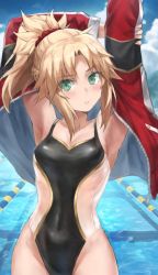Rule 34 | 1girl, blonde hair, fate (series), green eyes, highres, jacket, mordred (fate), one-piece swimsuit, pool, see-through, solo, swimsuit, tagme, tonee