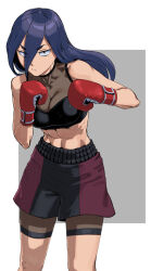 Rule 34 | 1girl, abs, blue hair, boxing gloves, breasts, commentary request, covered collarbone, eyes visible through hair, hair between eyes, large breasts, long hair, looking at viewer, midriff, original, rggr, see-through, shorts, solo