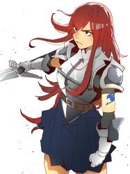 Rule 34 | 1girl, absurdres, angry, arm tattoo, armor, belt, belt buckle, black eyes, blue skirt, breastplate, buckle, clenched hand, closed mouth, cowboy shot, erza scarlet, eyelashes, eyeliner, eyes visible through hair, fairy tail, from side, gauntlets, hair over one eye, highres, holding, holding sword, holding weapon, isaacchief300, lips, long hair, looking ahead, makeup, outstretched arm, paint splatter, pleated skirt, red hair, shoulder armor, simple background, skirt, solo, sword, tattoo, thighs, vambraces, very long hair, weapon, white background