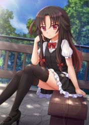 Rule 34 | 10s, 1girl, :t, bench, black footwear, black thighhighs, blue sky, bow, bow legwear, bowtie, brown hair, cloud, commentary, day, frilled skirt, frills, gradient hair, hair bow, high heels, highres, kazenokaze, lens flare, long hair, looking at viewer, multicolored hair, one side up, outdoors, pout, puffy short sleeves, puffy sleeves, red bow, red bowtie, red eyes, red hair, ryuuou no oshigoto!, shoes, short sleeves, sitting, skirt, sky, solo, thighhighs, tree, yashajin ai