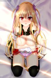 Rule 34 | 1girl, alisa reinford, bare shoulders, bed sheet, belt, black thighhighs, blonde hair, blush, breast hold, breasts, clothes lift, commentary request, detached sleeves, eiyuu densetsu, falcom, hair between eyes, hair ornament, helvetica std, highres, long hair, looking at viewer, medium breasts, nipples, open mouth, outstretched arm, panties, patreon username, red eyes, seiza, sen no kiseki, shirt lift, signature, sitting, skirt, skirt lift, solo, striped clothes, striped panties, thighhighs, two side up, underwear