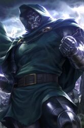 1boy armor artist_name belt belt_buckle belt_pouch blurry blurry_background brown_belt brown_eyes buckle cape clenched_hand closed_mouth cloud cloudy_sky commentary doctor_doom electricity english_commentary fantastic_four frown gauntlets green_cape green_tunic hands_up highres hood hood_up hooded_cape looking_at_viewer male_focus marvel mask official_art outdoors pouch serious signature sky solo standing stanley_lau textless_version tunic vambraces