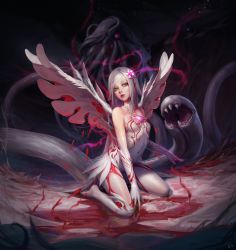 Rule 34 | 1girl, bare shoulders, blurry, blurry background, breasts, commentary request, covered navel, cthulhu mythos, dress, eldritch abomination, extra eyes, female focus, flower, gloves, green eyes, hair flower, hair ornament, highres, kneehighs, kneeling, lips, long hair, looking at viewer, original, parted lips, sarena, silver hair, single kneehigh, single sock, small breasts, socks, solo, strapless, strapless dress, tentacles, white dress, white gloves, white socks, wings